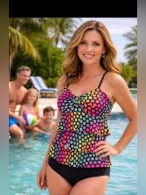 Captiva Multicolor Polka Dot Tankini Top with Black Briefs